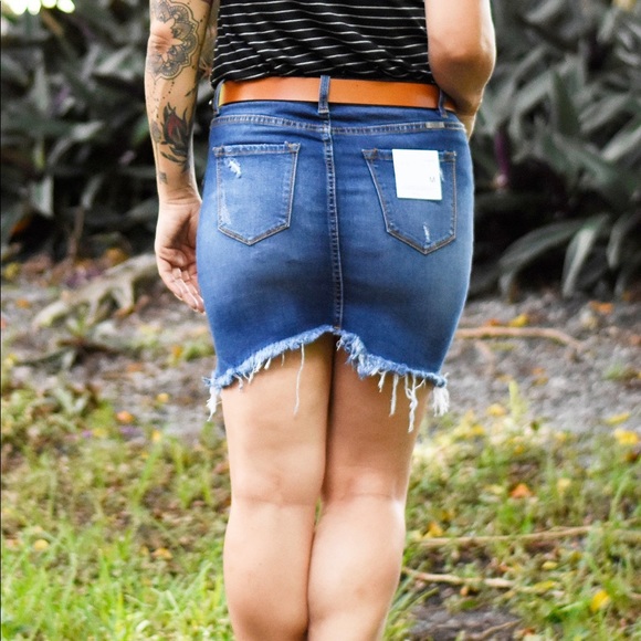 Dark Wash Distressed Denim Skirt - Picture 2 of 3